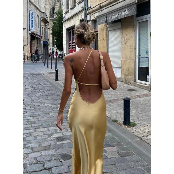 Moonlight Open Back Satin Slit Long Dress - Picture 4 of 4